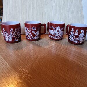 Vintage Hazel-Atlas Milk 1950s Glass Mugs Maroon Native American scenes